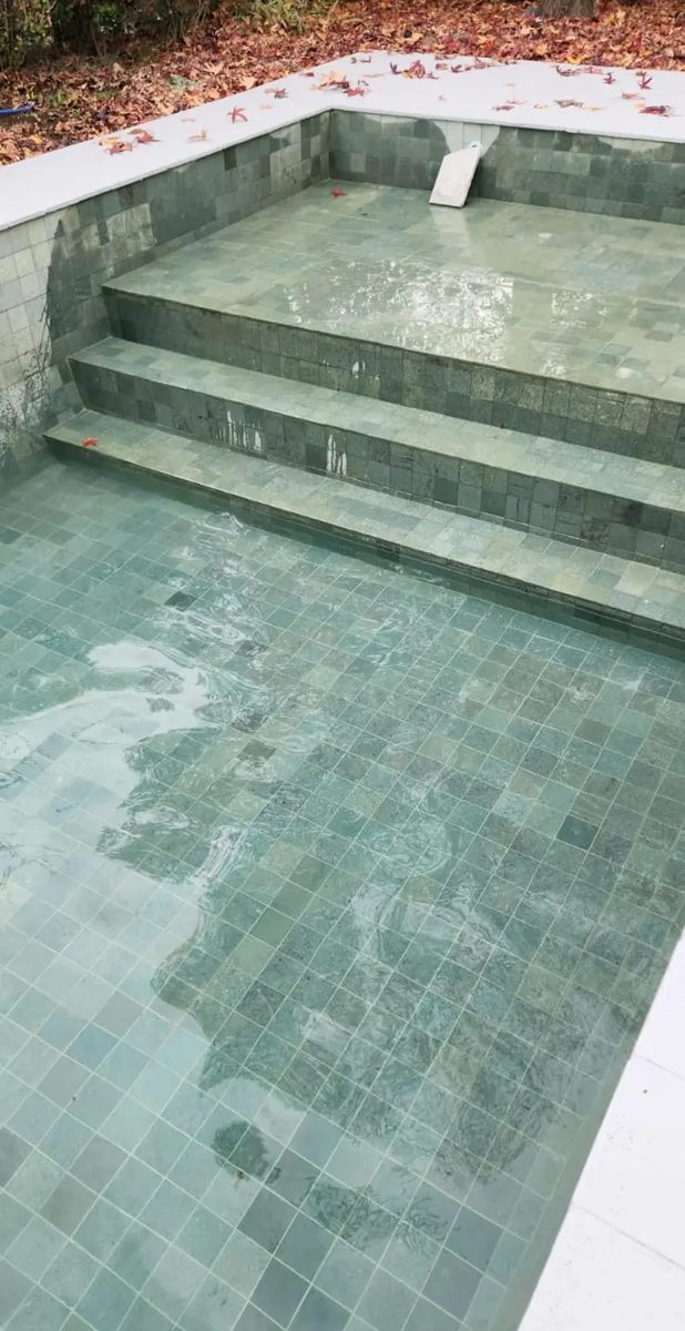 Pileta con revestimiento de piedra verde y escalones, con agua.
