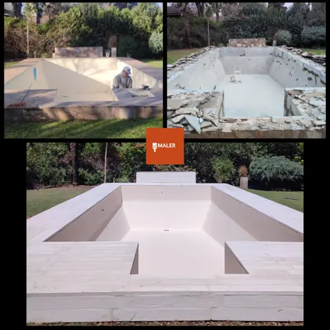 Tres fotos de una pileta en obra y terminada en color claro.