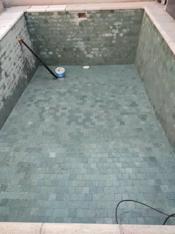 Pileta vacía con venecitas verdes gastadas.