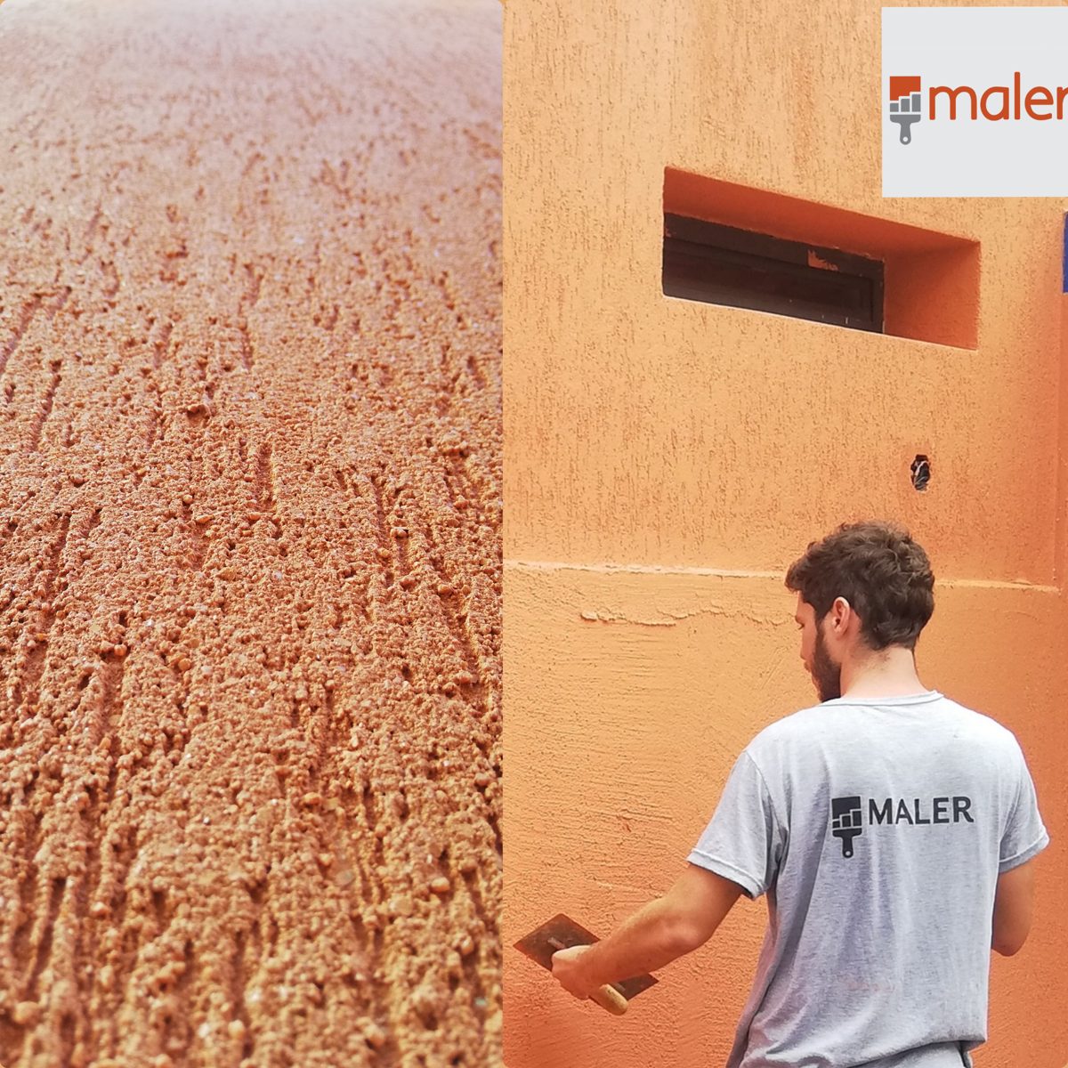 Operario con remera de Maler aplicando revestimiento texturado naranja en una pared exterior, con detalle de la textura.